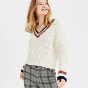 American Eagle Cable Knit V Neck Cropped Sweater Cream Ivory Navy Rust Sz Small